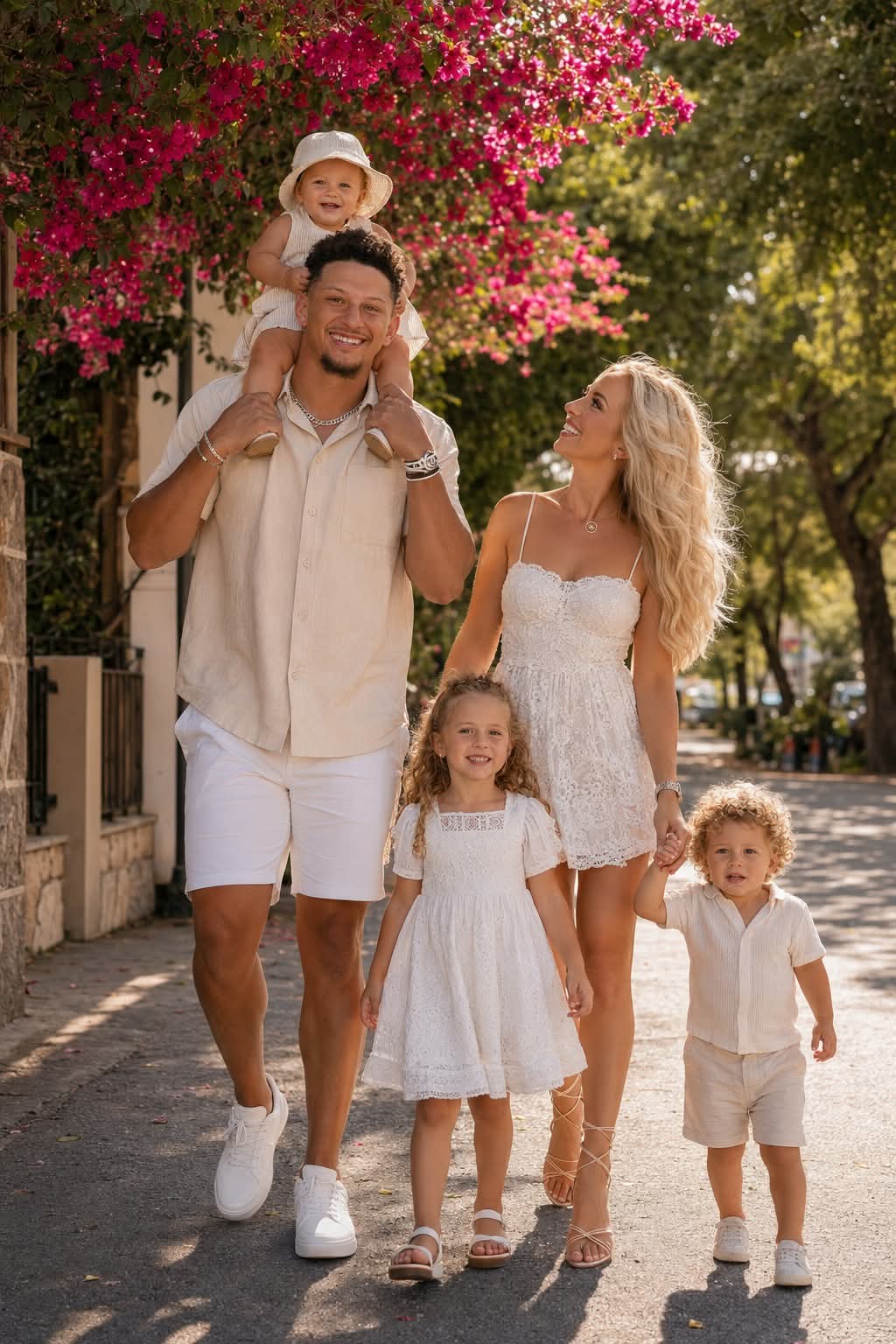 Patrick Mahomes and his gorgeous family enjoying a perfect sunny day together!
Under a canopy of vibrant pink bougainvillea flowers, NFL superstar Patrick Mahomes walks hand-in-hand with his beautiful wife Brittany and their three precious children