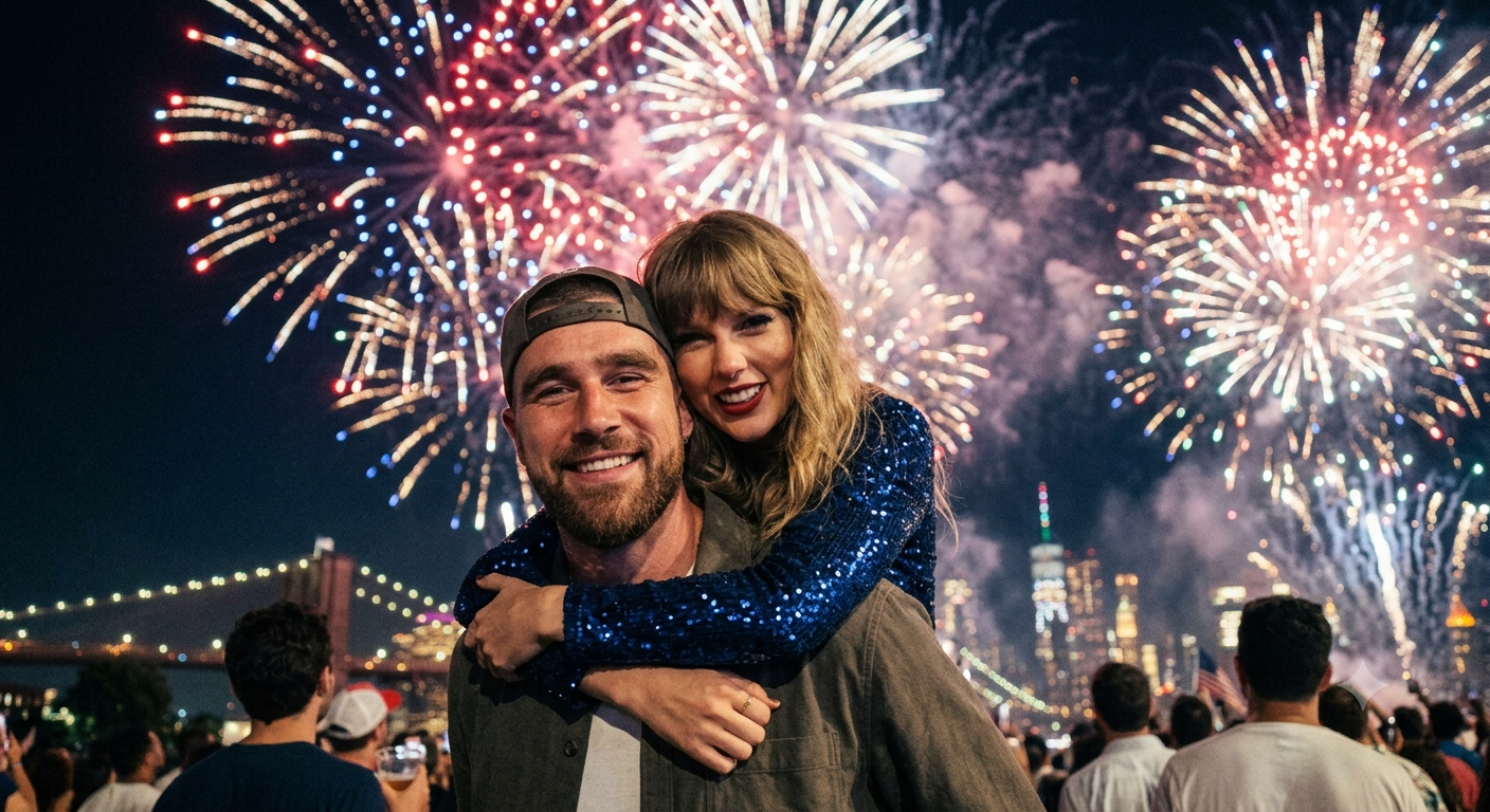 First Honeymoon Glimpse of Glowing Taylor Swift and Travis Kelce Sharing a Sweet Kiss as Fireworks Light Up the Sky During the 50th Macy’s 4th of July Celebration in NYC After Their Magnificent MSG Wedding