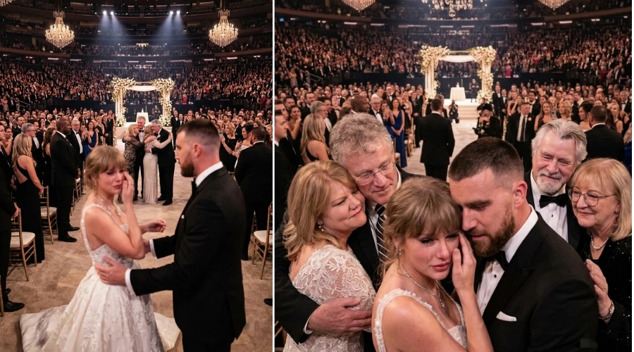 First Glimpse of the Emotional Moment as Scott and Andrea Swift and Ed and Donna Kelce, Parents of Taylor Swift and Travis Kelce, Share a Tearful Embrace at the MSG Wedding – Taylor Breaks Down Watching, and Travis Gently Comforts Her as Guests Look On, Deeply Moved… See Never-Before-Seen Clip