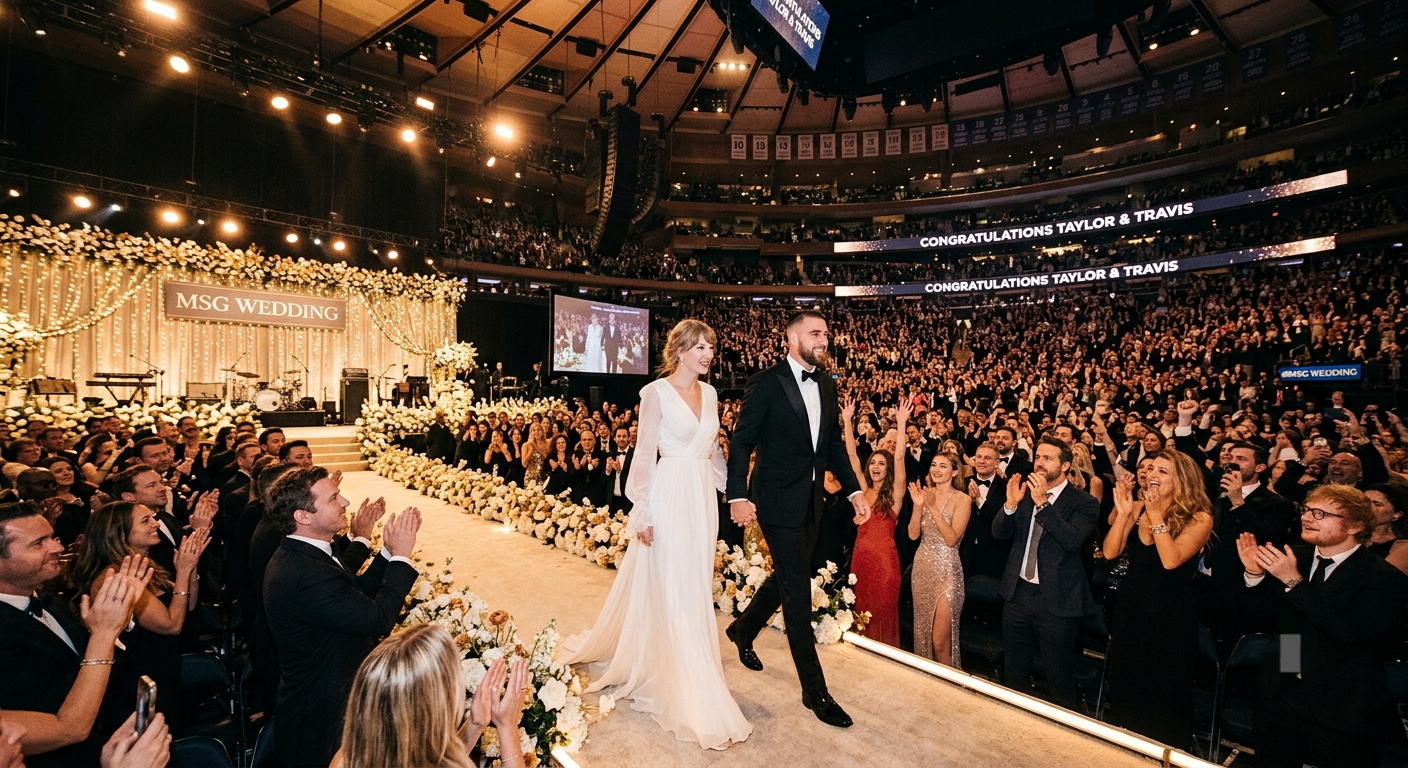 First Clip Glimpse of the Moment Travis Kelce and Taylor Swift Walk Majestically Into the Wedding Hall at MSG with a Divine Look, Receiving Not Only a Massive Standing Ovation from Family, Friends, and A-List Celebrities, but Also Leaving Some Stars Jumping Out of Their Seats in Awe... See Never-Before-Seen Photo and Clip