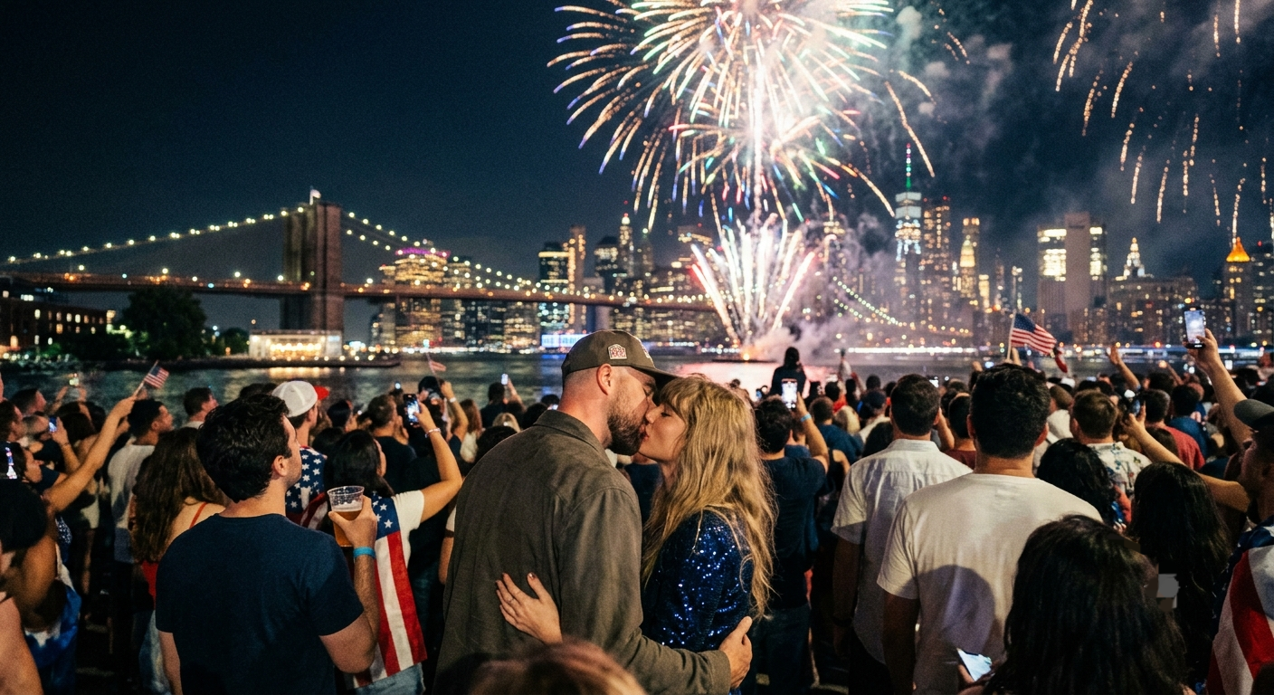 First Honeymoon Glimpse of Glowing Taylor Swift and Travis Kelce Sharing a Sweet Kiss as Fireworks Light Up the Sky During the 50th Macy’s 4th of July Celebration in NYC After Their Magnificent MSG Wedding
