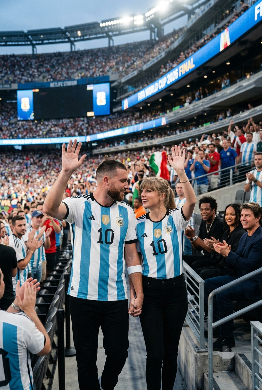 First Glimpse of a Monumental Moment Taylor Swift and Travis Kelce Stun in Matching Argentina Jerseys as They Walk into New York–New Jersey Stadium for the 2026 World Cup Final, Receiving a Roaring Standing Ovation from Tom Cruise, JAY-Z, Rihanna, and Other A-List Celebrities… See Never-Before-Seen Photos and Unseen Clips