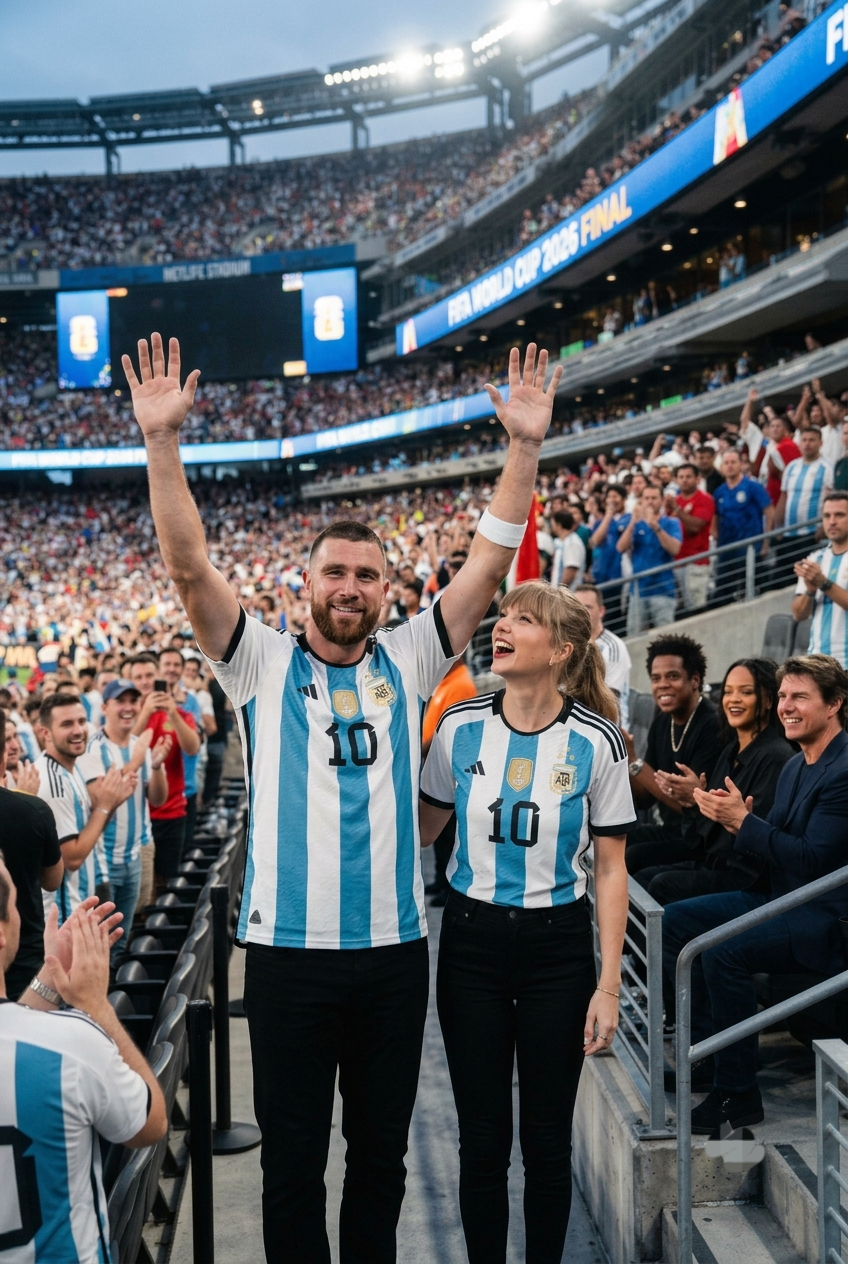 First Glimpse of a Monumental Moment Taylor Swift and Travis Kelce Stun in Matching Argentina Jerseys as They Walk into New York–New Jersey Stadium for the 2026 World Cup Final, Receiving a Roaring Standing Ovation from Tom Cruise, JAY-Z, Rihanna, and Other A-List Celebrities… See Never-Before-Seen Photos and Unseen Clips