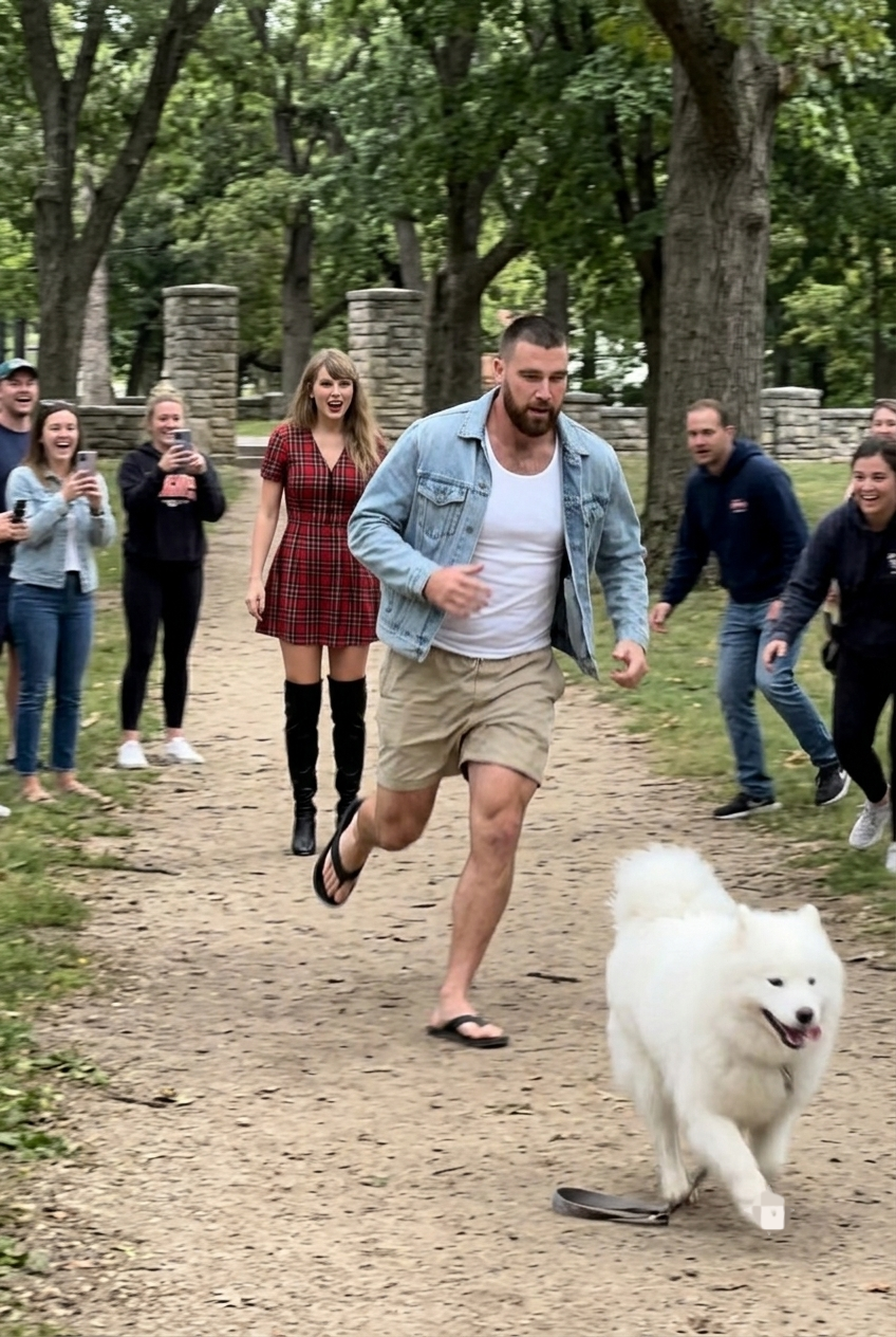 Travis Kelce and Taylor Swift Caught on Chiefs Sunday Rest Day Walking Their Energetic Samoyed Dog "Wendy" Through Krug Park in St. Joseph, Only for Fans to Go Into Complete Meltdown When The Dog Suddenly Slipped Her Collar