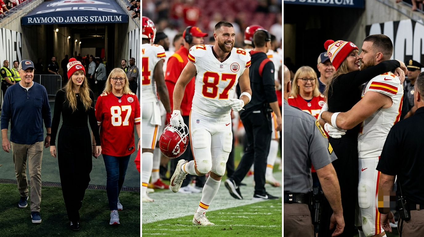First Look at the Emotional Moment Travis Kelce Catches Sight of Taylor Swift Entering the Tunnel With His Mom Donna and Her Dad Scott - Then DASHES Across the Sideline to Pull Her Into a Tight Hug and Tender Kiss, Proving How Deeply He Missed Her During Intense Preseason Practice - Fans Can’t Stop Watching the Unscripted Reunion as His Radiant Smile Captures Everything… Watch the Full 5-Minute Unreleased Video Clip