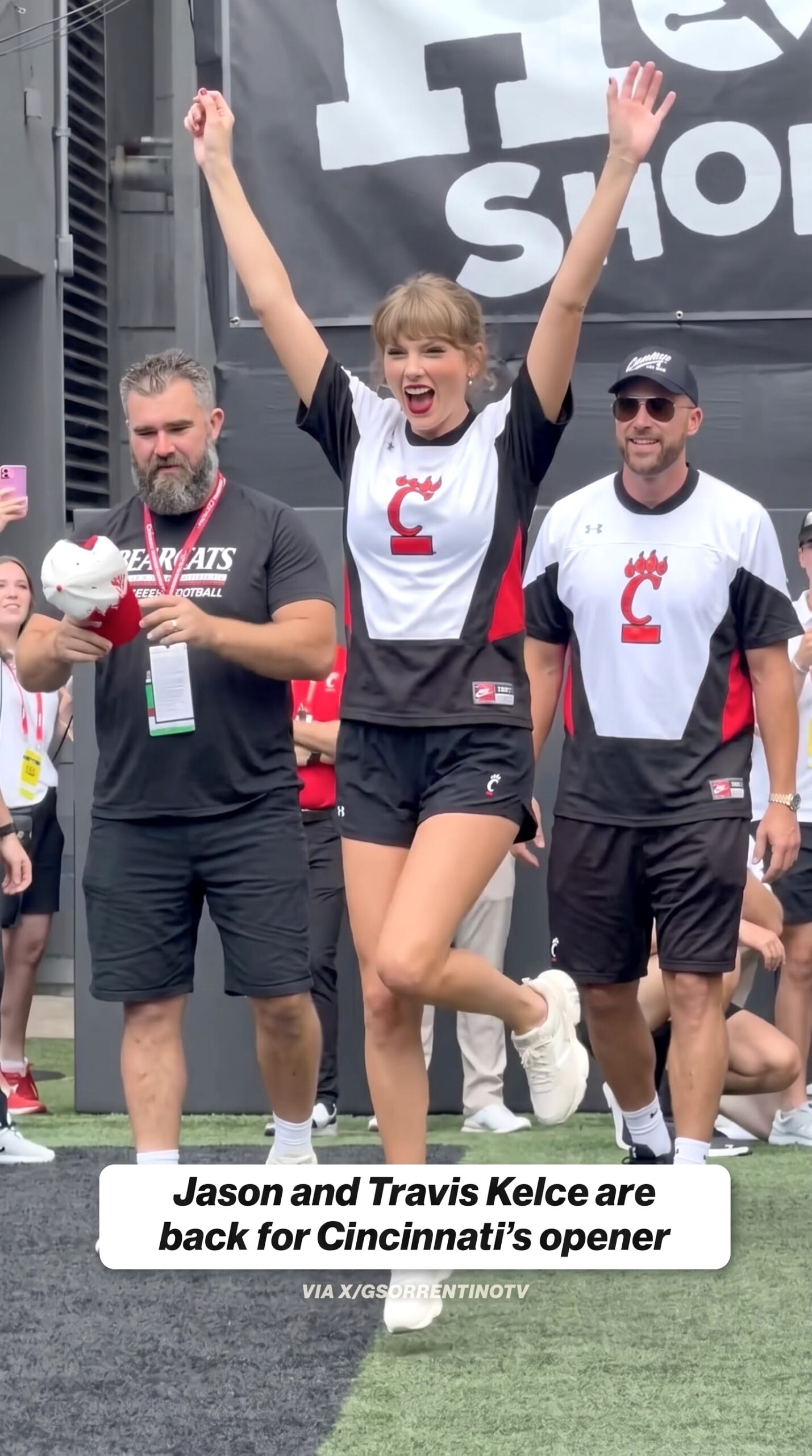 Taylor Swift, Travis Kelce and Sister-in-Law Kylie Kelce Spotted Supporting Jason Kelce as He Is Honored at the Bearcats' Opening Game Ahead of His Hall of Fame Induction in October - See the Full Never-Before-Seen Clip