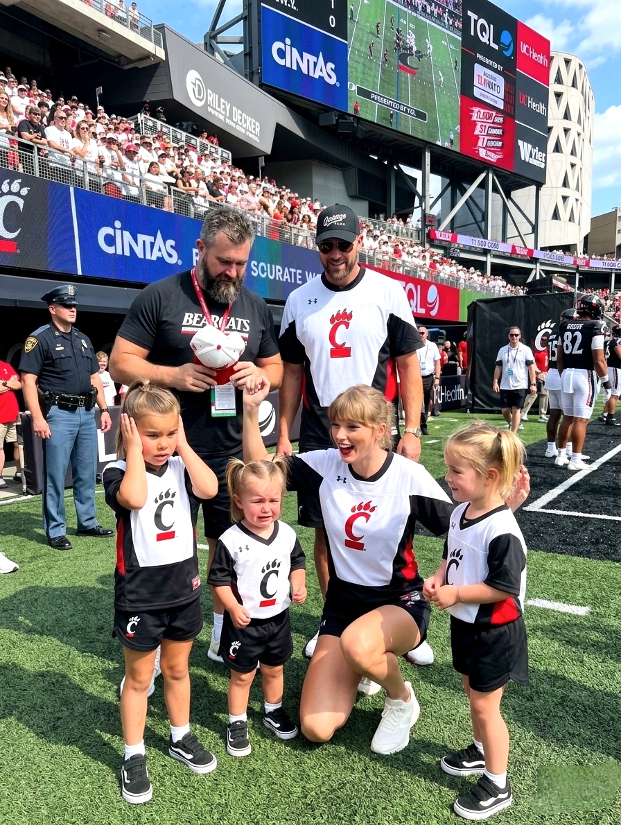 Taylor Swift Goes Full "Aunt Mode" as She Adorably Chases and Teaches Silly Cheers to Jason Kelce’s Three Daughters Wyatt, Elliotte, and Bennett on the Turf at the Bearcats' Opening Game Next to Travis Kelce Ahead of Jason’s Big Hall of Fame Honor... See the Full Adorable Clip