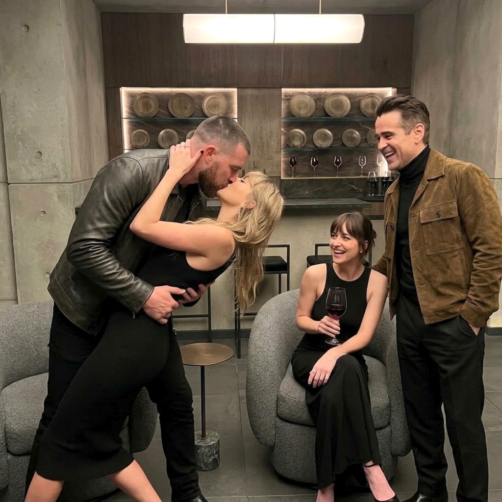 Travis Kelce Poses With Wife Taylor Swift, Dakota Johnson, and Colin Farrell on the Set of Taylor’s New “Patient Zero” Music Video In New Photos After She Announced It Will Premiere Sunday at the VMAs