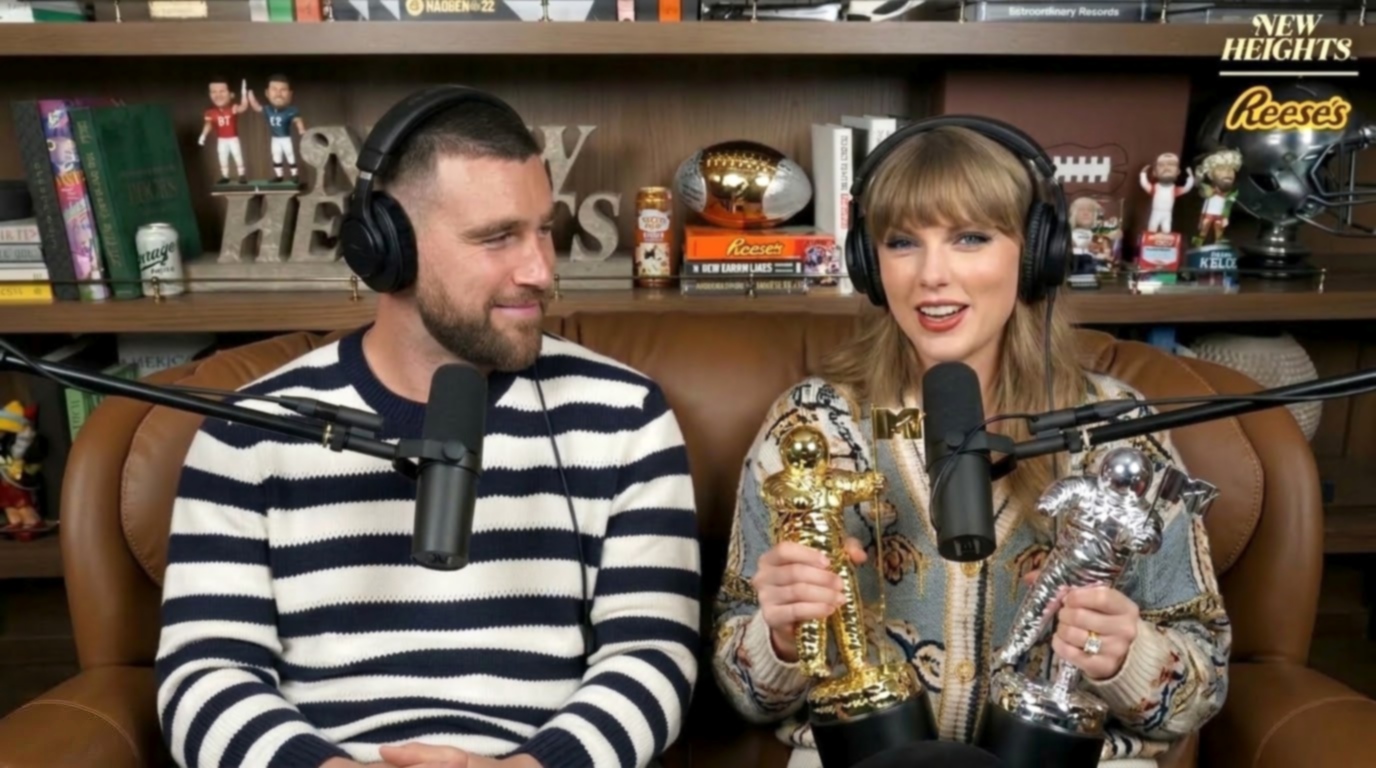 Taylor Swift Steals the Spotlight and Flaunts Her 3 Historic VMA Trophies in a Shocking Special Guest Appearance with Husband Travis and Jason Kelce on New Heights