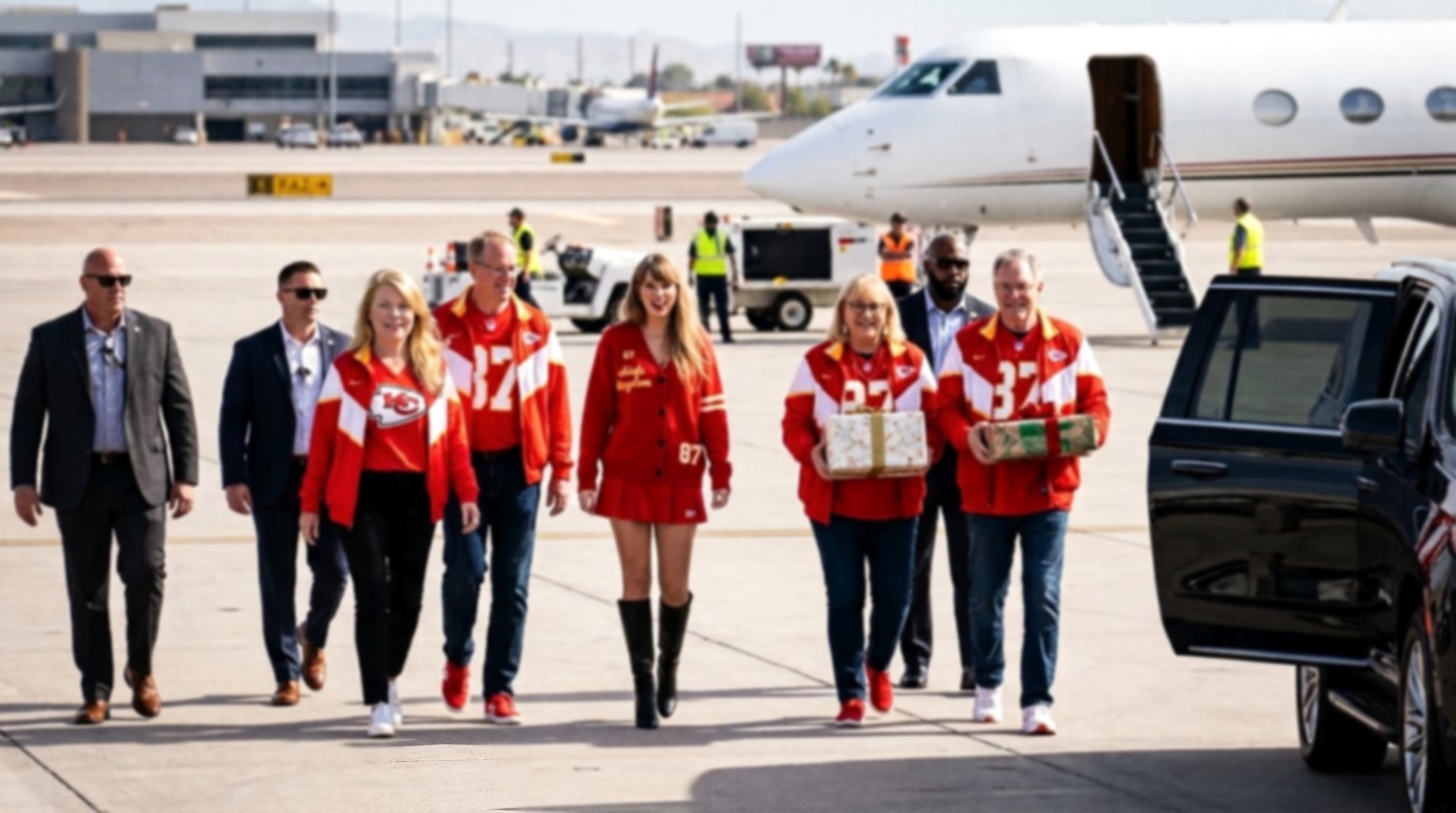Taylor Swift Arrives in Las Vegas on Her Private Jet Alongside Her Parents Andrea and Scott Swift and Husband Travis Kelce’s Parents Donna and Ed Kelce to Support Travis at the High Stakes Chiefs vs. Raiders Game