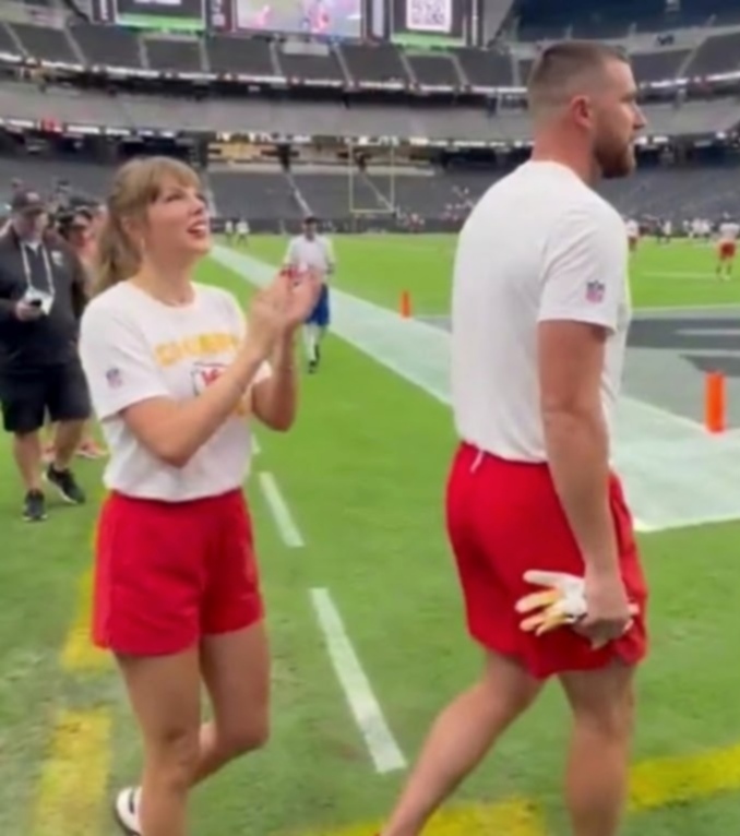 Taylor Swift and Husband Travis Kelce Spotted in an Adorable Moment as They Stroll Onto the Field at Allegiant Stadium for Warmups Ahead of Chiefs vs. Raiders Game