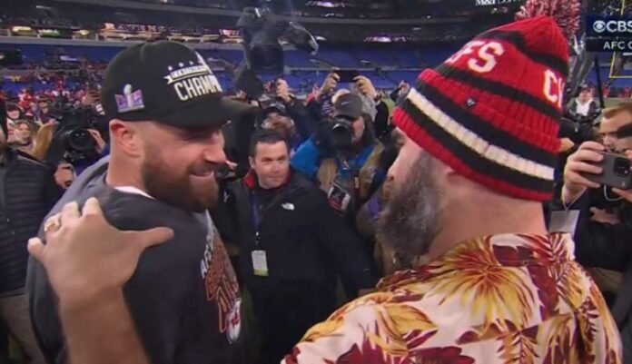 Emotional Jason Kelce Hugs Travis Kelce, Tells Him To ‘Finish This MFer” After AFC Championship Game Win