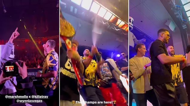 Travis Kelce glugs champagne while surrounded by scantily-clad women in Las Vegas... after scandal-hit Chiefs star jetted to Australia to see girlfriend Taylor Swift for just two days