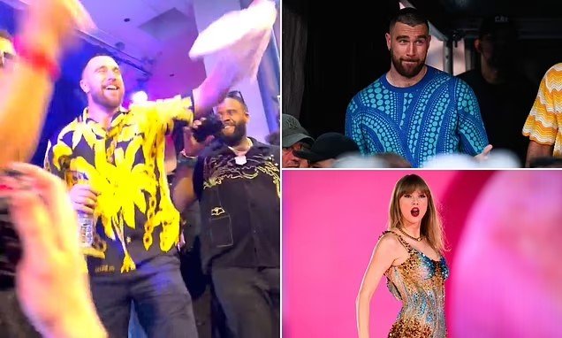 Travis Kelce is seen dancing to girlfriend Taylor Swift's 'Love Story' hit in Las Vegas... just days after waving goodbye to the popstar in Australia to continue his Super Bowl celebrations