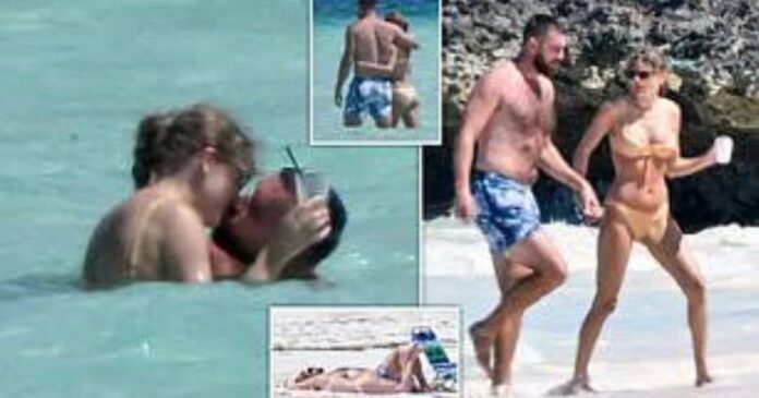 Taylor Swift and Travis Kelce were spotted sharing a passionate kiss as they frolicked on the beach in the Bahamas last week.