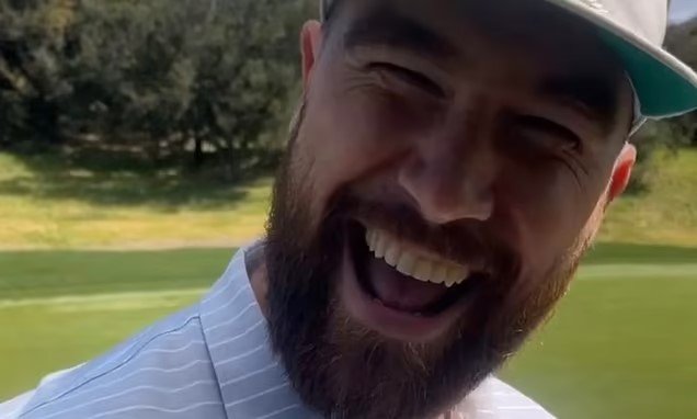 Taylor swift react to Travis Kelce playing air guitar to her song 'Bad Blood' on the golf course "This is so lovely, do it one more time"