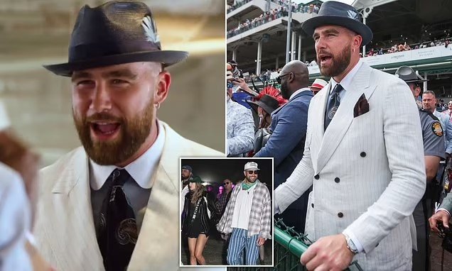 Travis Kelce arrives for Kentucky Derby without Taylor Swift as dapper Chiefs star rocks white suit and black top hat... before celebrating a big win!