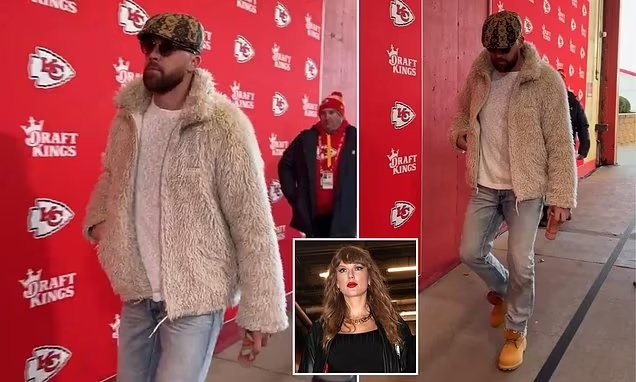 Travis Kelce arrives for Chiefs-Texans clash in fluffy jacket and Louis Vuitton cap... with Taylor Swift set to follow