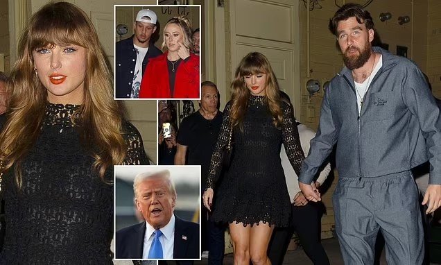 Smiling Taylor Swift shakes off Donald Trump controversy as she joins Travis Kelce and Patrick Mahomes for night out after they gushed over the president who 'hates' her