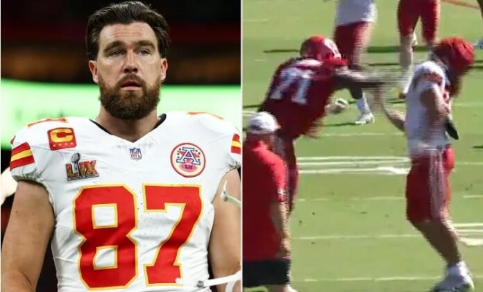 Travis Kelce Gets Punched in the Face While Trying to Break Up Fight Between Chiefs Teammates at Training Camp!