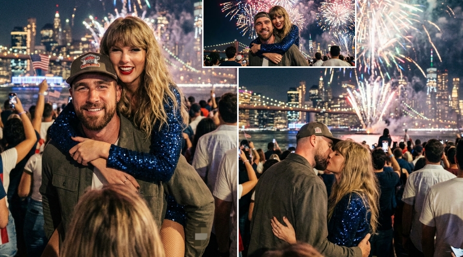 First Honeymoon Glimpse of Glowing Taylor Swift and Travis Kelce Sharing a Sweet Kiss as Fireworks Light Up the Sky During the 50th Macy’s 4th of July Celebration in NYC After Their Magnificent MSG Wedding