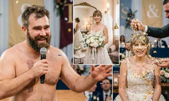 First Look at a Never-Before-Seen Clip from Taylor Swift and Travis Kelce’s Star-Studded MSG Wedding Documentary, Capturing Insane Moments from Jason Kelce’s Shirtless Altar Speech to the Wedding Cake Smash on Taylor’s Face, Plus Clear High-Detail Photos of Her Wedding Dress