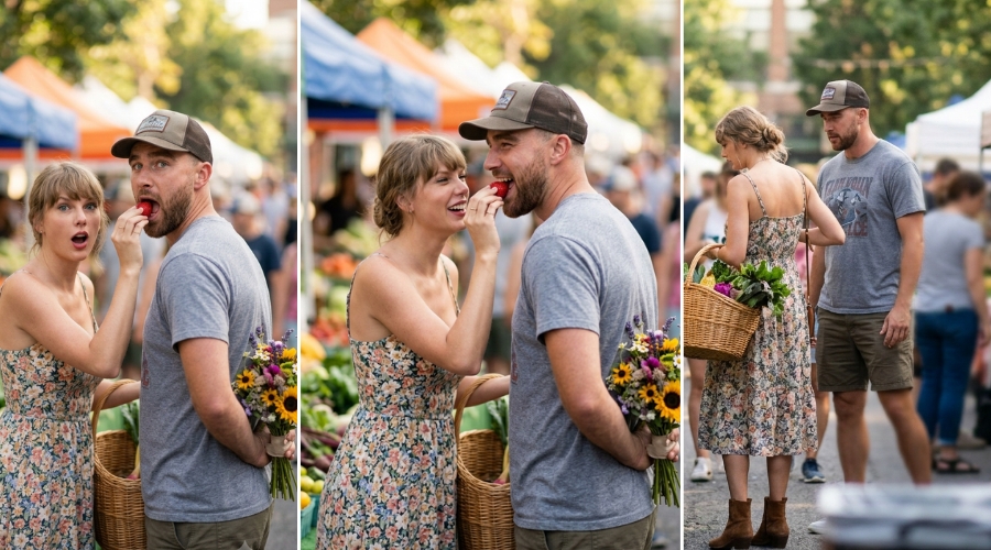 Taylor Swift and Travis Kelce Spotted at an Outdoor Farmers Market few days after their Wedding - He Bought Her Flowers and They Shared a Strawberry! See 20 Wholesome Outdoor Date Snaps