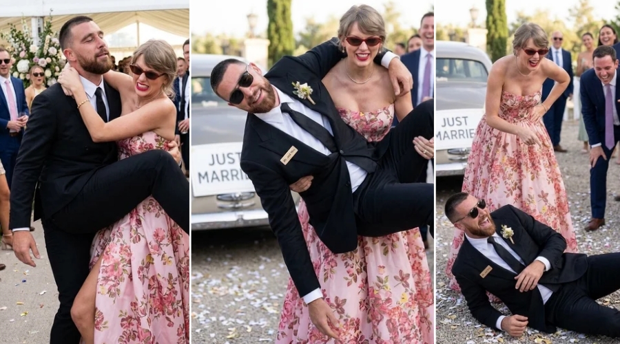 Hilarious Moment as Taylor Swift Tries to Carry Travis Kelce Bridal-Style After He Had Too Many Drinks but Ends Up Dropping Him Mid-Exit from JuJu Smith-Schuster’s Reception... See Full Clip and 5 Clearer Photos