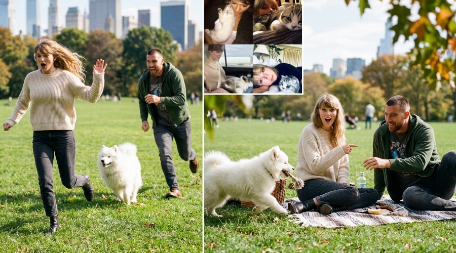 Taylor Swift and Travis Kelce Spotted on Date in Central Park Grass Field with Their Newly Adopted Fluffy White Samoyed Dog - Taylor “Betrays” Her Cats Meredith Grey, Olivia Benson and Benjamin Button by Leaving Them at Home as the Pup Chases Her While Travis Runs After Laughing - Her Cats at Home Must Be Laughing Now… See Irresistible Photos and Clip