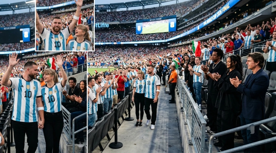 First Glimpse of a Monumental Moment Taylor Swift and Travis Kelce Stun in Matching Argentina Jerseys as They Walk into New York–New Jersey Stadium for the 2026 World Cup Final, Receiving a Roaring Standing Ovation from Tom Cruise, JAY-Z, Rihanna, and Other A-List Celebrities… See Never-Before-Seen Photos and Unseen Clips