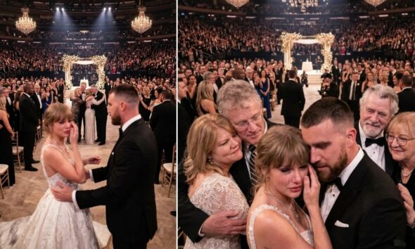 First Glimpse of the Emotional Moment as Scott and Andrea Swift and Ed and Donna Kelce, Parents of Taylor Swift and Travis Kelce, Share a Tearful Embrace at the MSG Wedding – Taylor Breaks Down Watching, and Travis Gently Comforts Her as Guests Look On, Deeply Moved… See Never-Before-Seen Clip