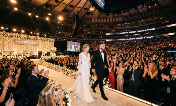 First Clip Glimpse of the Moment Travis Kelce and Taylor Swift Walk Majestically Into the Wedding Hall at MSG with a Divine Look, Receiving Not Only a Massive Standing Ovation from Family, Friends, and A-List Celebrities, but Also Leaving Some Stars Jumping Out of Their Seats in Awe... See Never-Before-Seen Photo and Clip