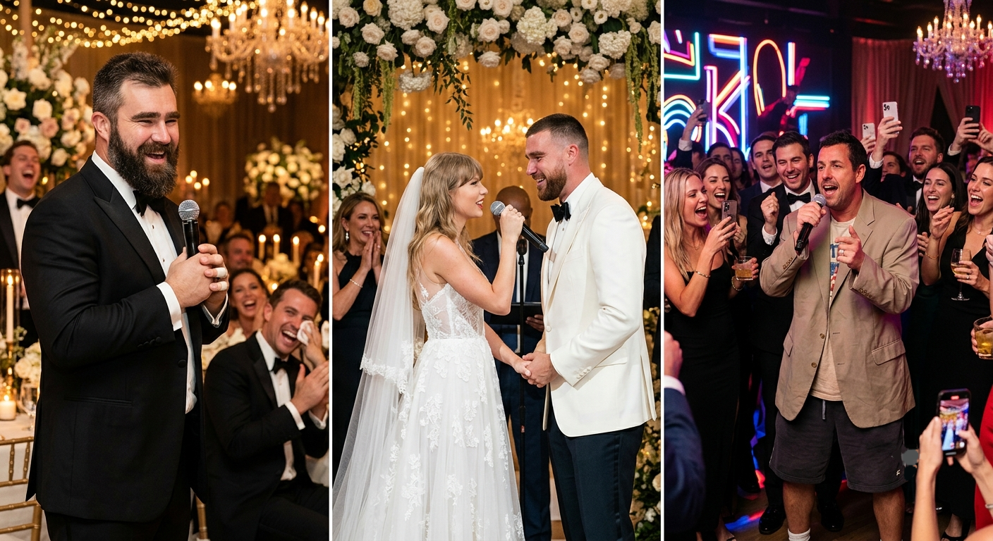 Jason Kelce Surprise Drop on New Heights Releases Official Uncut MSG Wedding Footage Featuring Taylor Swift’s Emotional Vows Song “Forever Starts Now,” Travis Kelce’s Post-Wedding NFL Plans, and Late-Night Reception Chaos Where Adam Sandler Led a Full-Room 3AM Karaoke Jam in Shorts