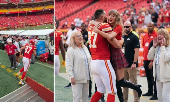First Look at the Moment Travis Kelce Spots Taylor Swift Arriving With Her Mom Andrea and His Mom Donna Kelce and CHARGES OVER to Rush and Kiss Her, Showing Just How Much He Misses Her After Not Seeing Her Since Training Camp Began - Fans Can’t Stop Replaying the Irresistibly Adorable Moment... See the First 6-Minute Never-Before-Seen Clip