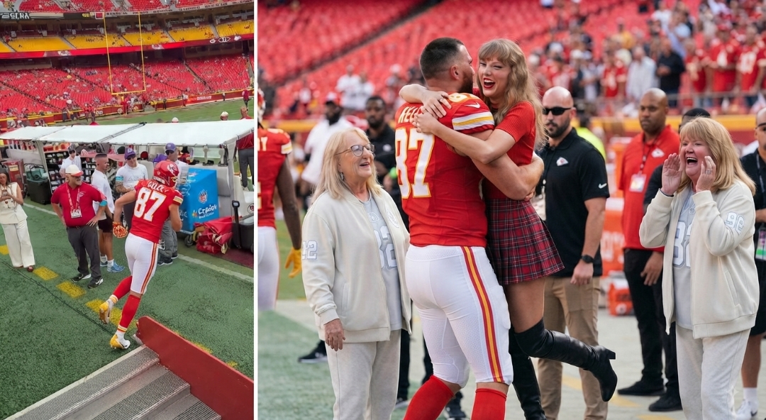 First Look at the Moment Travis Kelce Spots Taylor Swift Arriving With Her Mom Andrea and His Mom Donna Kelce and CHARGES OVER to Rush and Kiss Her, Showing Just How Much He Misses Her After Not Seeing Her Since Training Camp Began - Fans Can’t Stop Replaying the Irresistibly Adorable Moment... See the First 6-Minute Never-Before-Seen Clip
