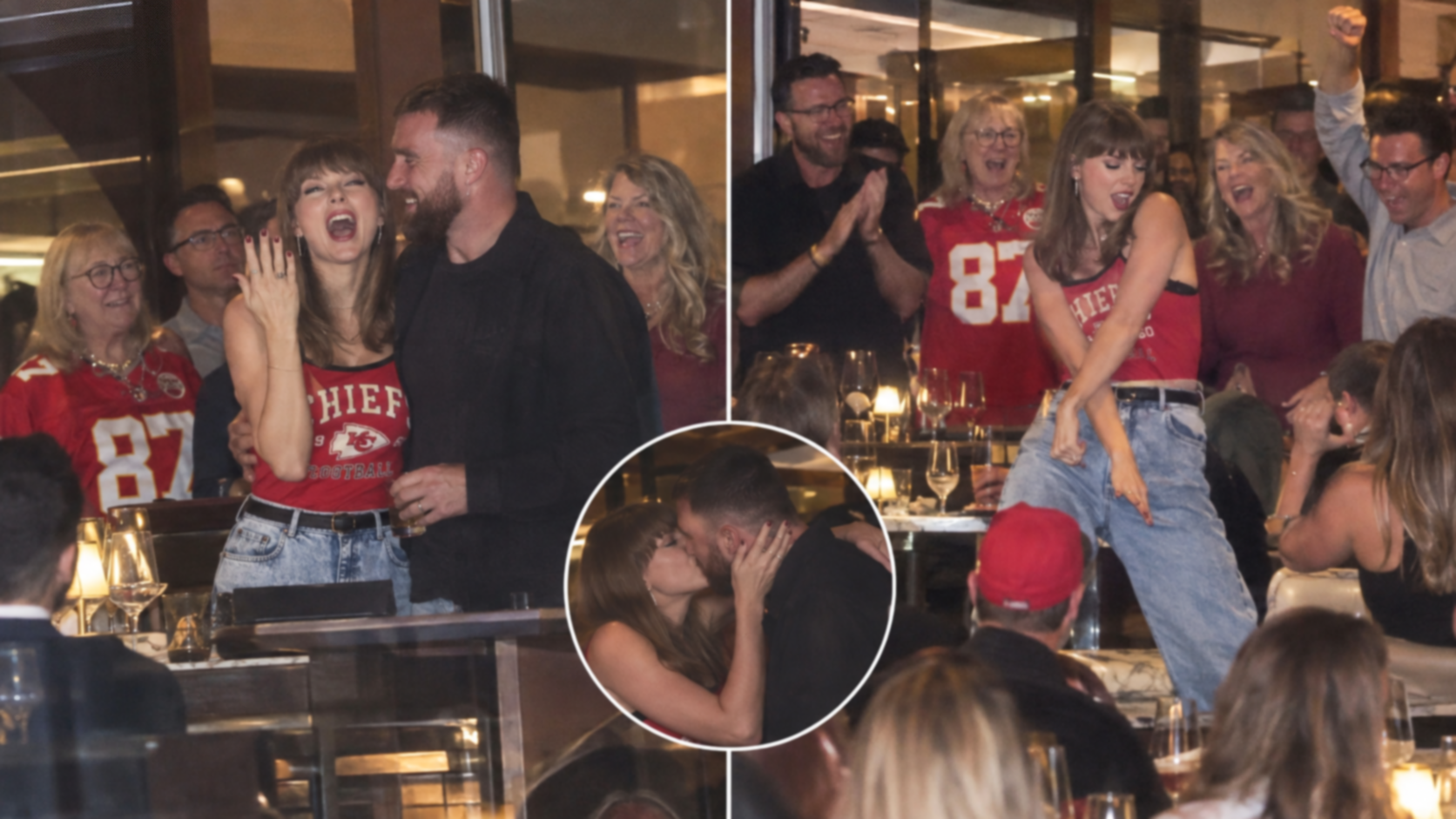 Taylor Swift, Husband Travis Kelce, His Mom Donna Kelce, Scott and Andrea Swift Spotted at 1587 Prime Steakhouse Celebrating the Chiefs’ Stunning 33-30 Win Over the Colts - Taylor Steals the Spotlight Across the Restaurant With a Special Celebratory Kiss for Travis, but What Has Fans Going Crazy Is Her Proudly Showing Off Her $1 Million Diamond Ring and Yelling “That’s My Husband” Again Before Taking Over the Dance Floor With Hilarious Dance Moves - See the Full Never-Before-Seen Clip