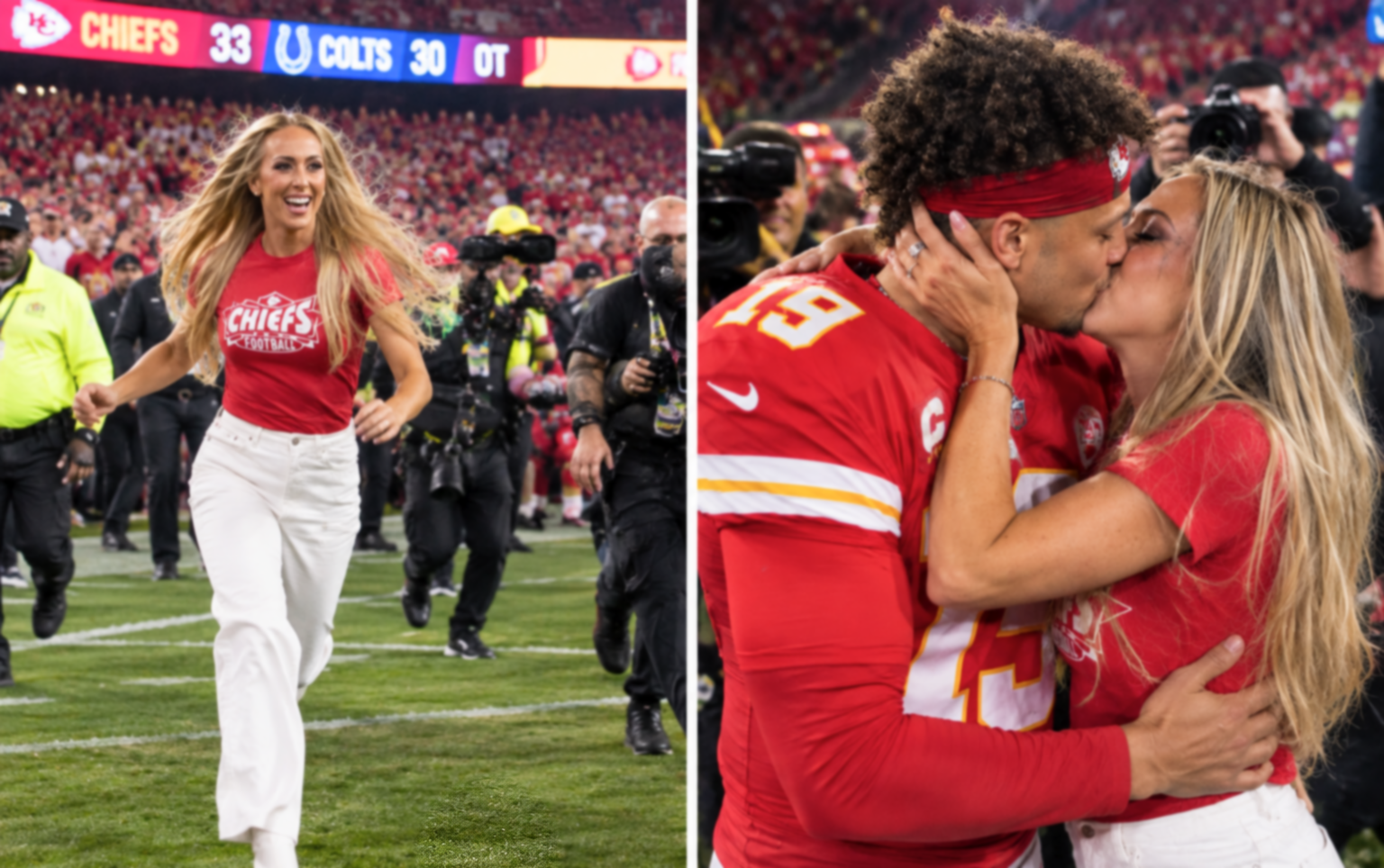 Brittany Mahomes Breaks NFL Protocol and Runs Onto the Field to Celebrate, Jump, Hug and Kiss Her Husband Patrick Mahomes After the Chiefs’ Spectacular 33-30 Overtime Victory Over the Colts - Brittany’s Overexcitement Couldn’t Hold Her Back, and Her Running Caused Her Makeup to Become Ruined, Revealing a Shocking Secret About All Her Plastic Surgery, While Her Husband Tried to Cover the Reveal - Fans Can’t Stop Talking About It... See the Full Never-Before-Seen Clip and Photos