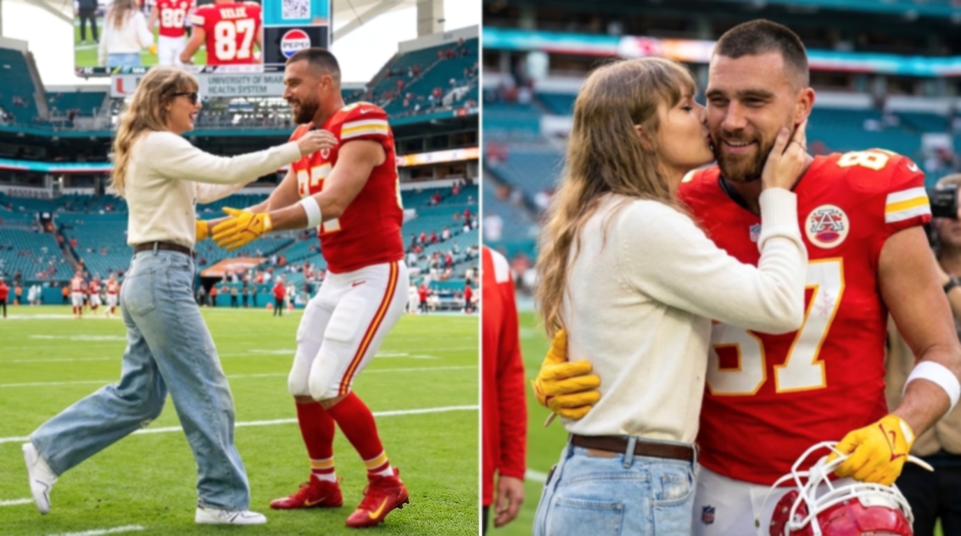 Taylor Swift Breaks NFL Protocol Again as She Runs Onto the Field to Hug and Kiss Husband Travis Kelce Before the Chiefs vs. Dolphins Game Begins