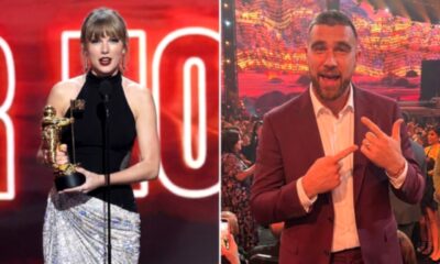 First Glimpse at the Sweet Moment Travis Kelce Breaks the Internet and Shouts “That’s My Wife!” After Taylor Swift Receives the First-Ever Artist Director Award From Dakota Johnson at the VMAs