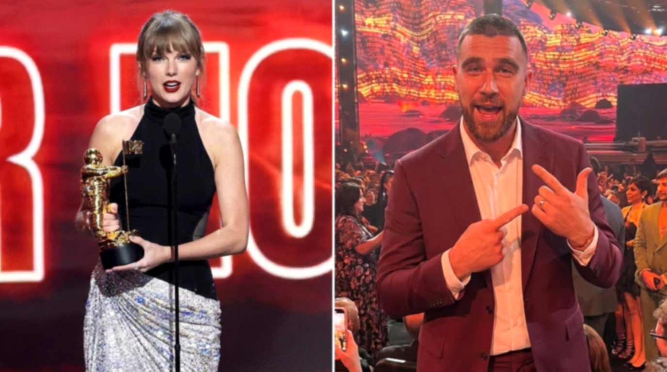 First Glimpse at the Sweet Moment Travis Kelce Breaks the Internet and Shouts “That’s My Wife!” After Taylor Swift Receives the First-Ever Artist Director Award From Dakota Johnson at the VMAs