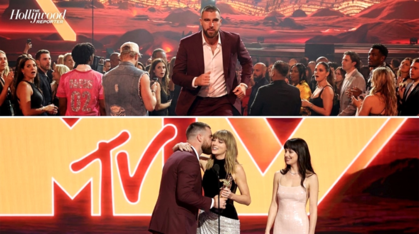 Travis Kelce Steals the Spotlight Again at the VMAs as He Runs to the Stage While Taylor Swift and Dakota Johnson Walk Off, Shouting “Mr. Cleveland Is Coming!” Before Giving His Wife a Sweet Celebratory Hug and Kiss After She Receives the MTV VMA Artist Directors Honors