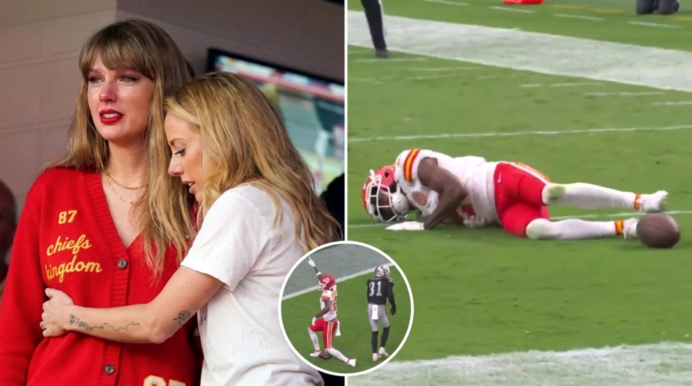 Taylor Swift Spotted Looking Emotional as She Watches Tyquan Thornton Try to Stand Up Before Realizing His Ankle Is Broken After a Big Play Against the Raiders - A Heartbreaking Moment as Brittany Mahomes Comforts Taylor as She Struggles to Hold Back Her Emotions