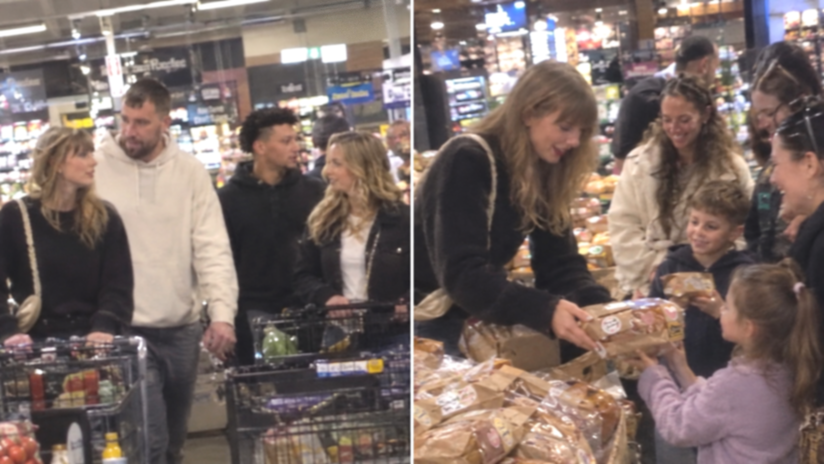 Taylor Swift Steals the Spotlight in a Heartwarming Moment Alongside Husband Travis Kelce, Patrick and Brittany Mahomes at a Kansas City Grocery Store, Sharing Her Homemade Sourdough Bread With Kids in New Photos