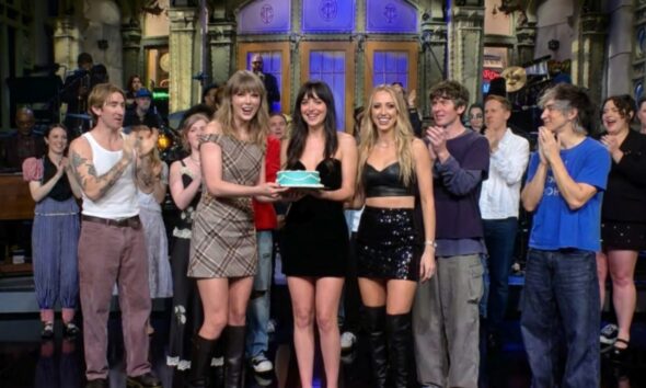 Taylor Swift, Brittany Mahomes and Dakota Johnson Steal the Spotlight as They Pose Together After Taylor Surprises Dakota With a Birthday Cake Following the End of the SNL Broadcast