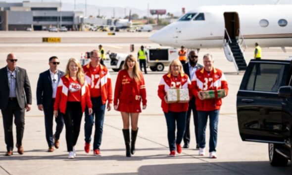 Taylor Swift Arrives in Las Vegas on Her Private Jet Alongside Her Parents Andrea and Scott Swift and Husband Travis Kelce’s Parents Donna and Ed Kelce to Support Travis at the High Stakes Chiefs vs. Raiders Game