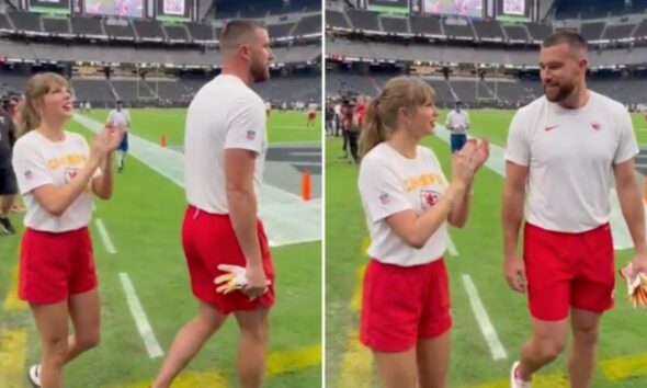 Taylor Swift and Husband Travis Kelce Spotted in an Adorable Moment as They Stroll Onto the Field at Allegiant Stadium for Warmups Ahead of Chiefs vs. Raiders Game