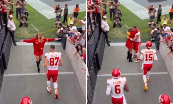 Taylor Swift Breaks NFL Protocol Again and Rushes to Hug Husband Travis Kelce as He Leads the Charge Onto the Field at Allegiant Stadium for Chiefs vs. Raiders Game