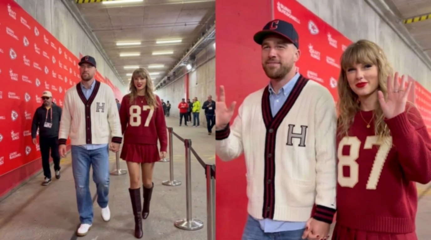Travis Kelce Arrives Hand in Hand With Wife Taylor Swift Looking Stunning at Arrowhead Stadium for Their First-Ever Couple Tunnel Walk